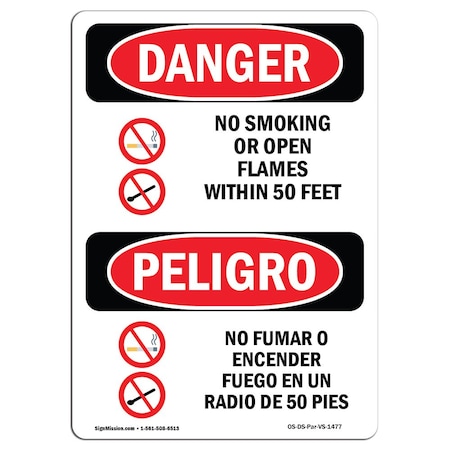 Signmission Safety Sign, OSHA Danger, 14" Height, Aluminum, No Smoking Or Open Flames 50 Feet Spanish OS-DS-A-1014-VS-1477